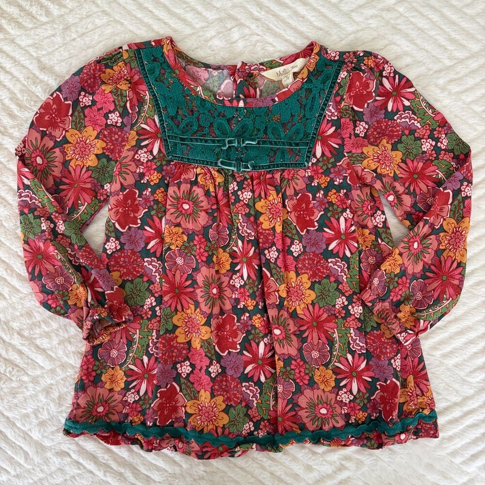Matilda Jane Girls Size 4 Floral Peasant Top Lace Velvet Trim Long Sleeve Blouse